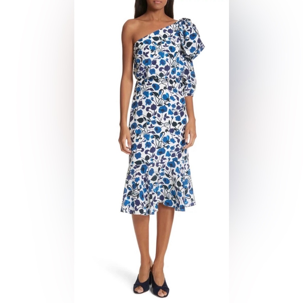 Saloni Juliet Silk Dress in Forget Me Not One Shoulder Blue Floral Print Size 0